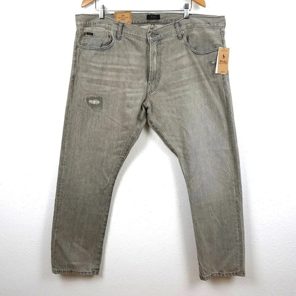 Polo Ralph Lauren Jeans Men's 40x30 Sullivan Slim Distressed Repaired Gray Denim