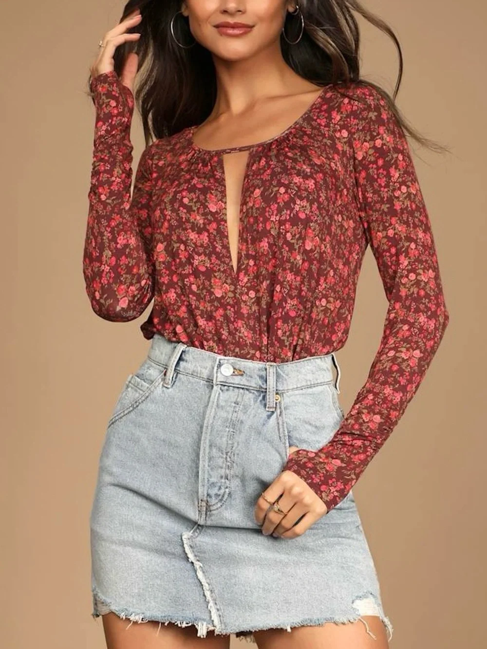 Free People Kaya Floral Printed Cutout Bodysuit Size L Chocolate Red
