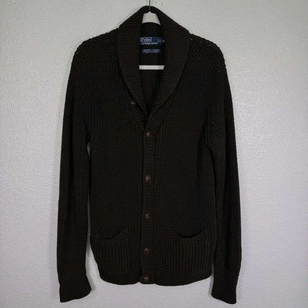 Vintage Polo Ralph Lauren Sweater Mens Medium Shawl Cardigan Chunky Knit Green