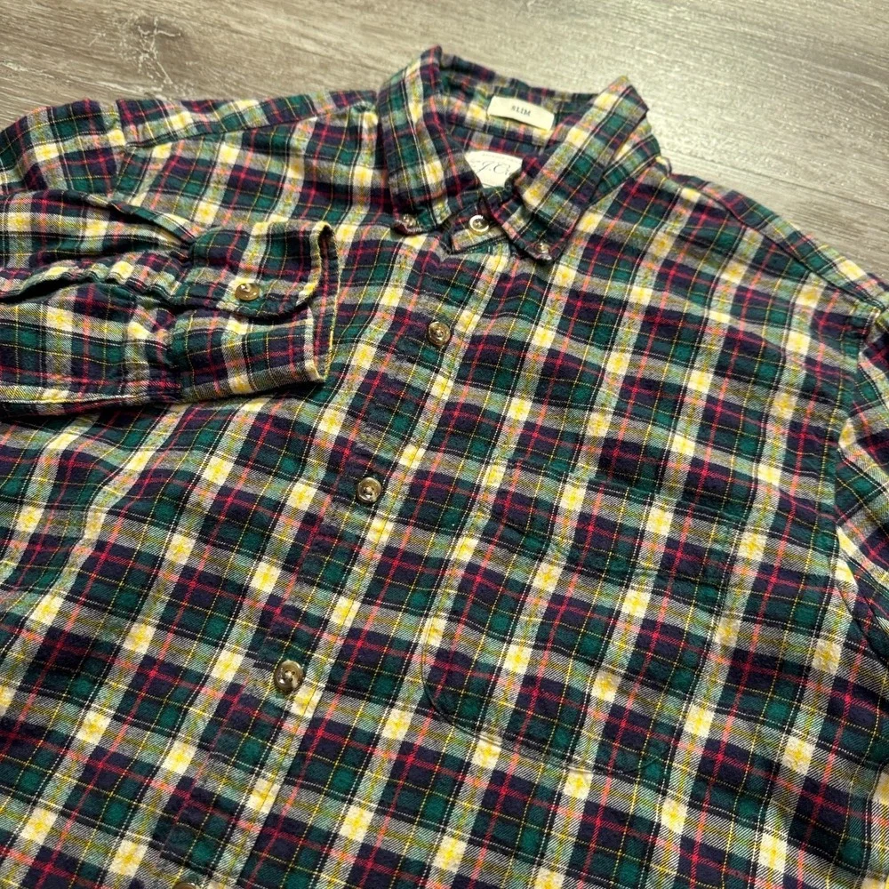 J‎ Crew Shirt Mens Medium Green Plaid Brushed Twill Slim Fit Flannel OCBD Preppy