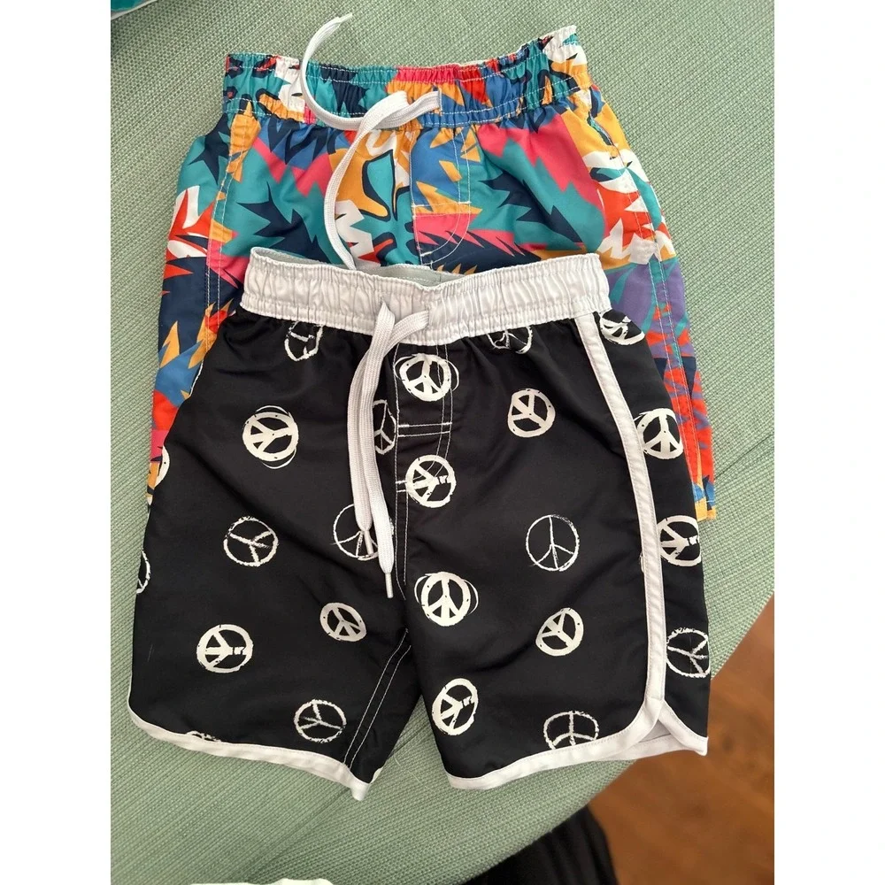 Lot Of 2 Wes Willy Boys 4T Swim Trunk Shorts Tropical Peace Black White EUC
