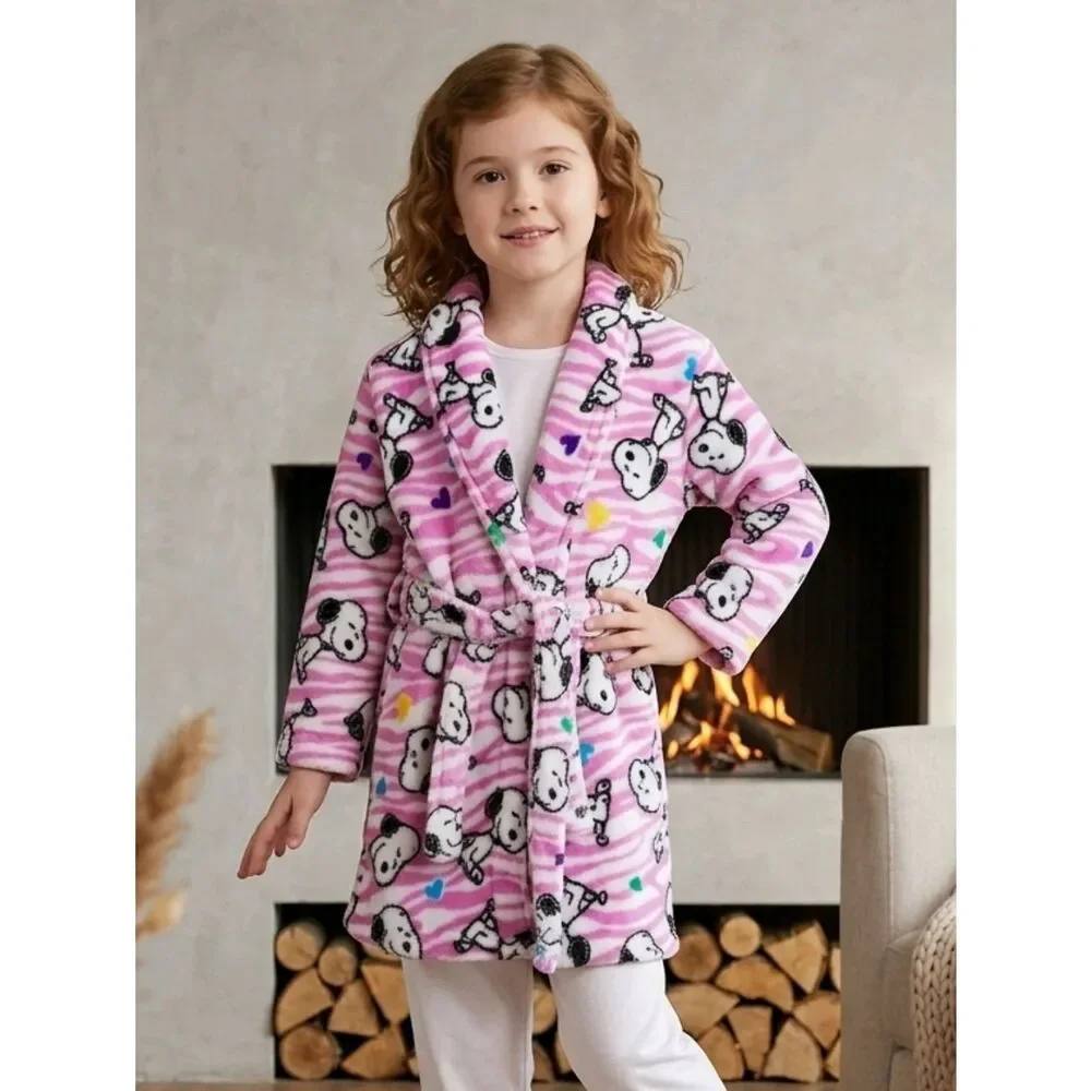 SNOOPY Girls Robe Plush Fleece Pink Striped Bathrobe Belted XS 4/5 Toddler Kids