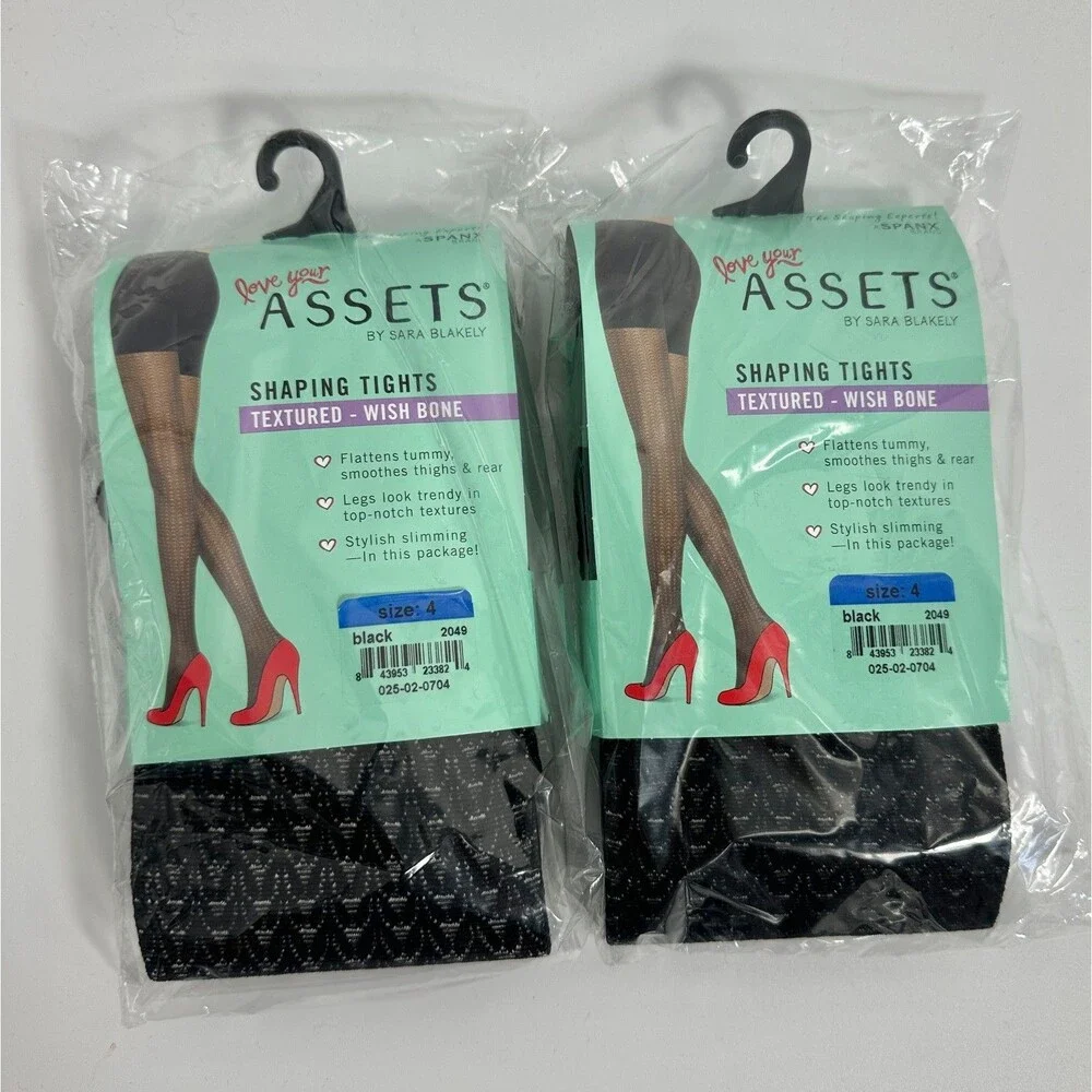 Spanx Love Your Assets Black Shaping Tights textured wishbone 2 pairs Size 4