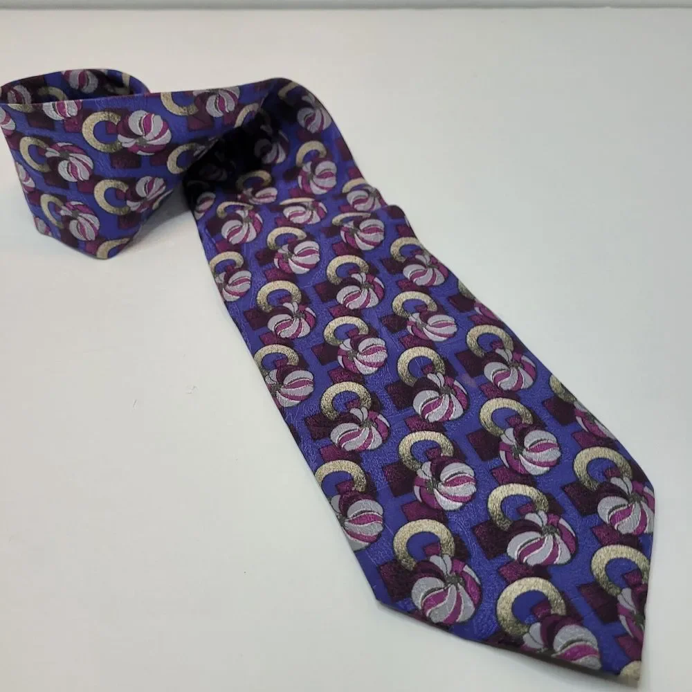 Geoffrey Beene, Blue/Gold/Gray/Red Silk Tie‎
