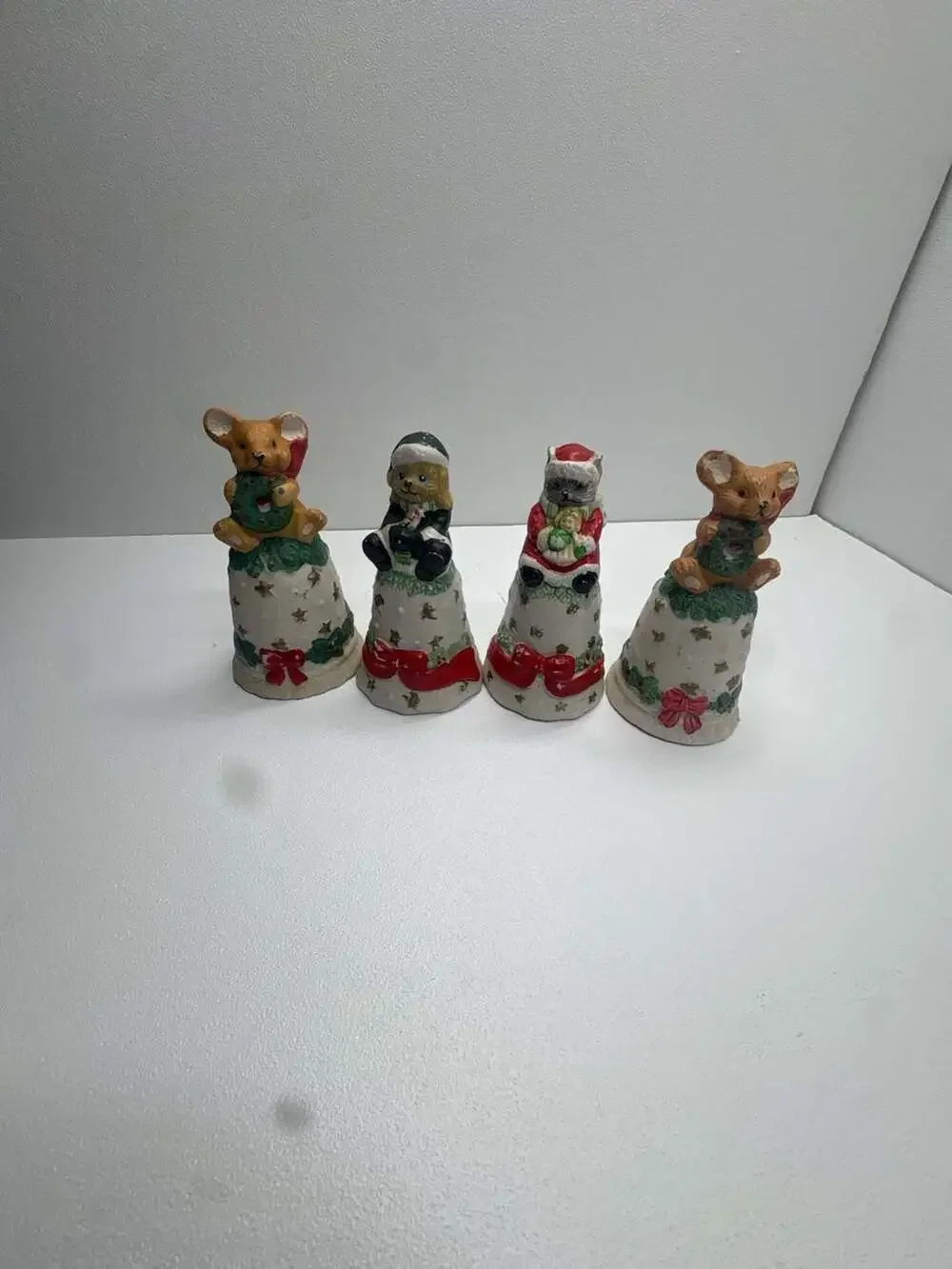 Set of 4 Vintage Christmas Animal Ceramic Decorative Figurines Bells