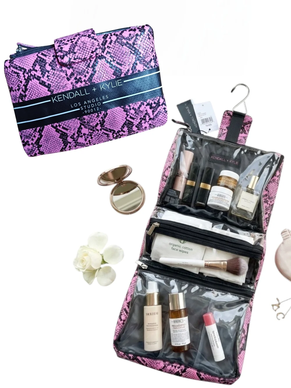 KENDALL + KYLIE Pink Snake Skin Hanging Toiletry Bag Makeup Organizer NWT