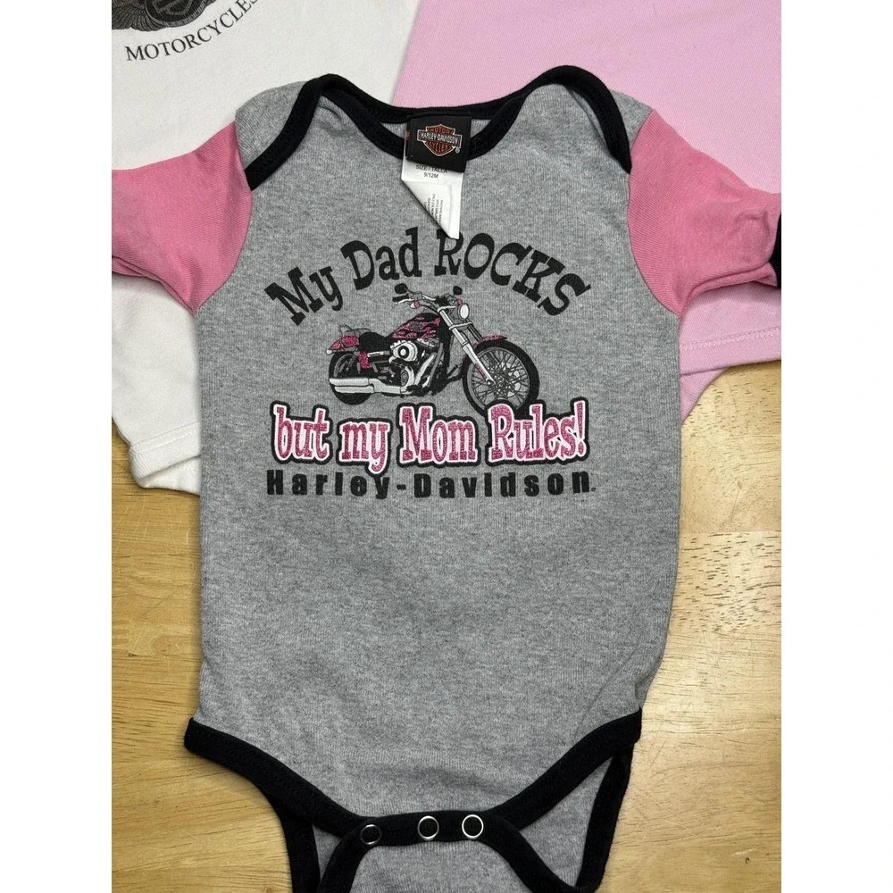 Harley-Davidson Romper Lot Girls 9-12 Months Pink Motorcycle‎ Bodysuit 3 Piece