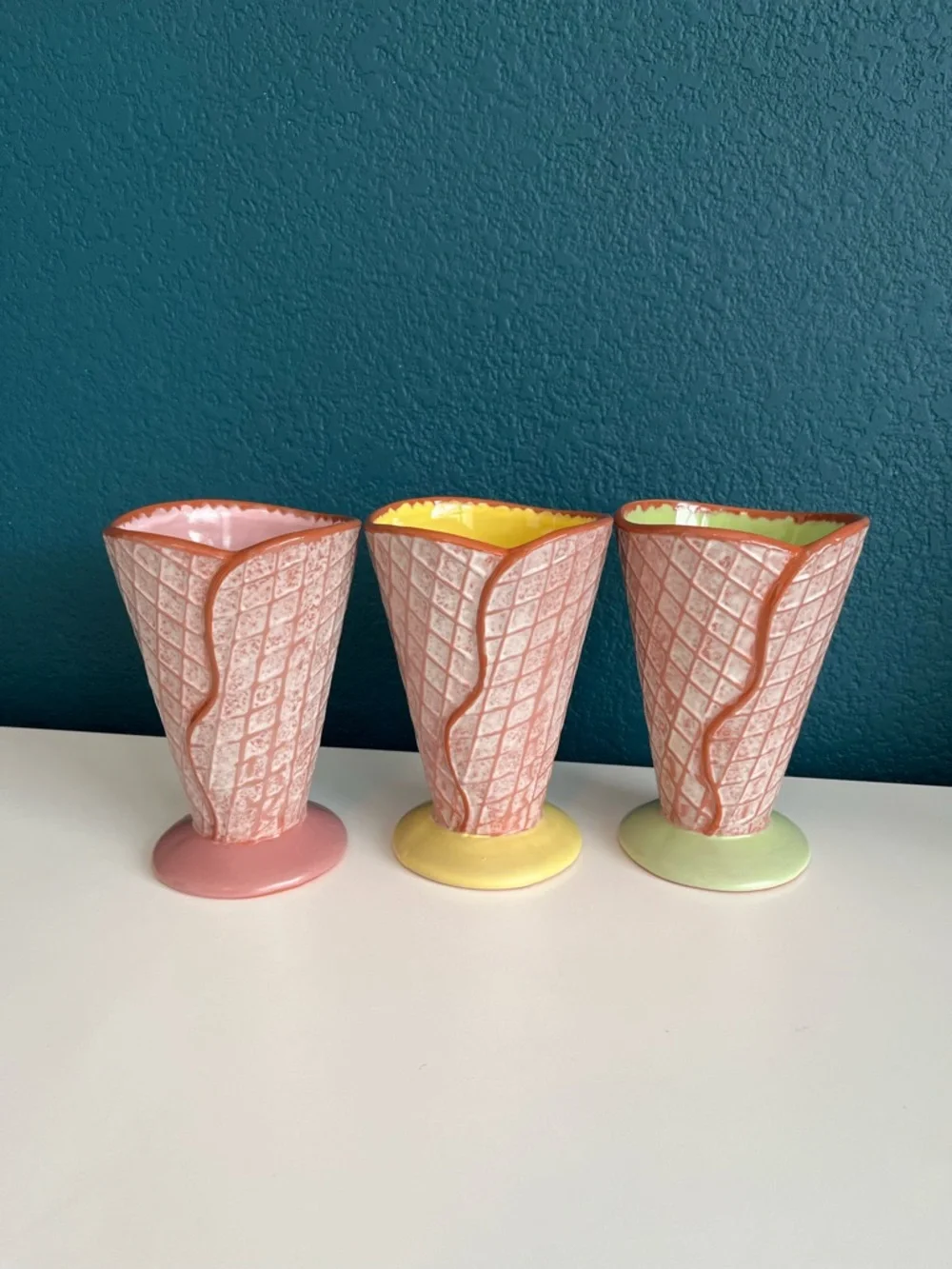 Vintage Hallmark Ceramic Ice Cream Waffle Cone Sundae Cups x3