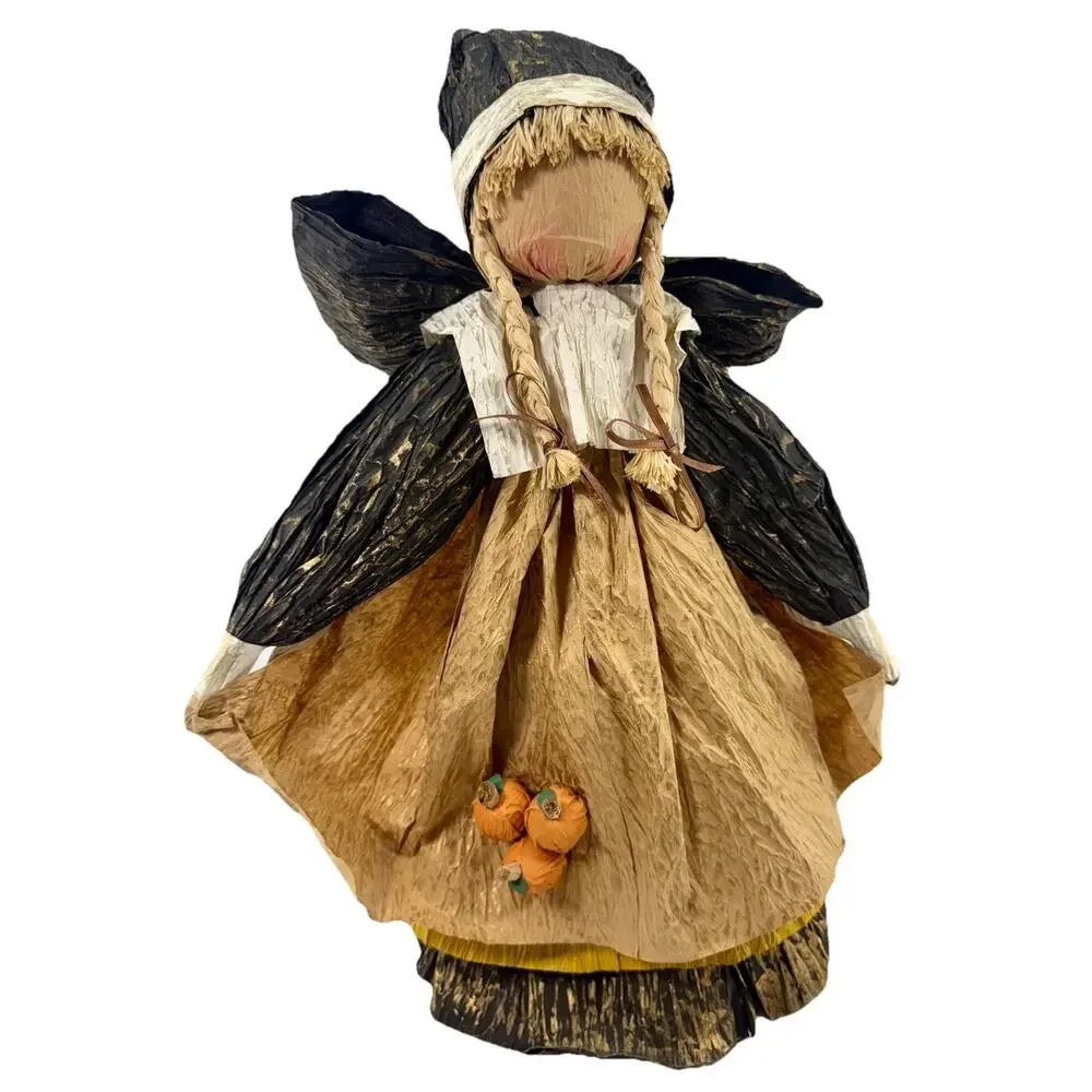 Vintage Paper Twist Pilgrim Woman Figurine Pumpkins Rustic‎ Thanksgiving Decor