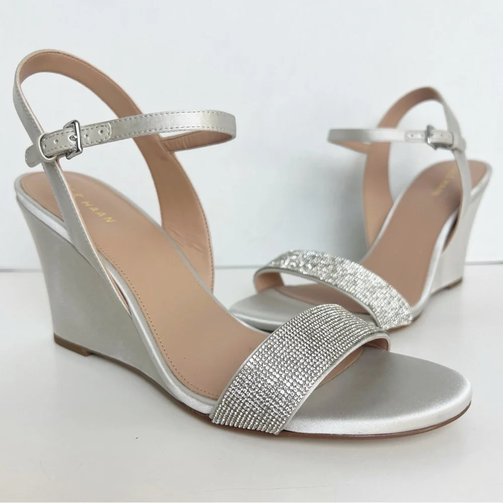 •COLE HAAN•‎ Josie Wedge Ankle Strap Sandal Heel Size 9.5B Gray Satin Crystals