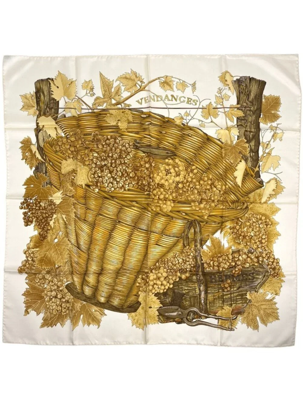 Hermes Carre 90 Vendanges Grape Harvest Scarf Silk Yellow Ivory