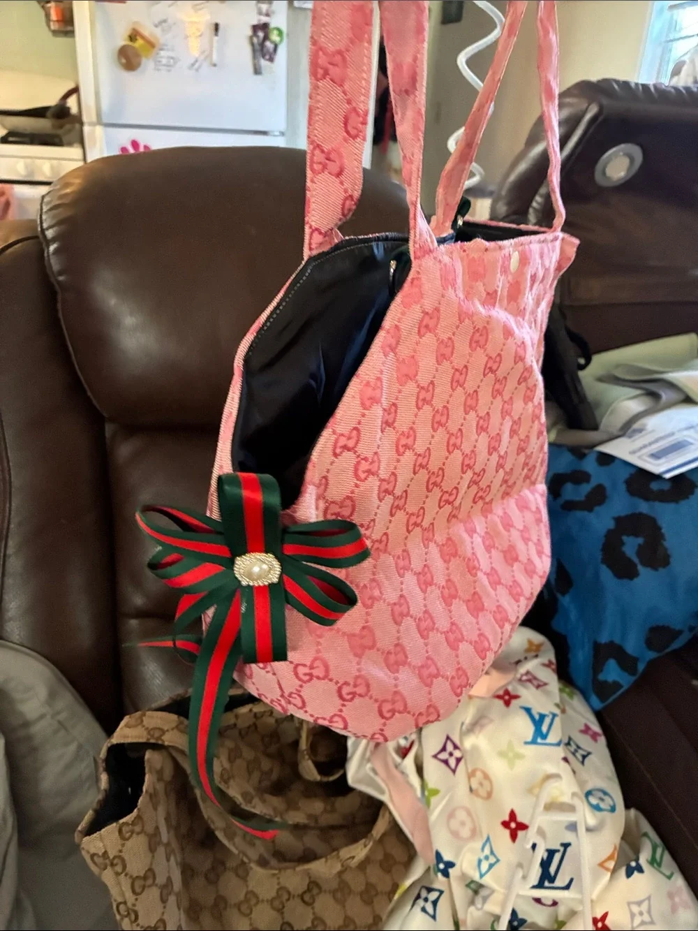 Pink Designer Pattern Dog Carrier Tote with Bow