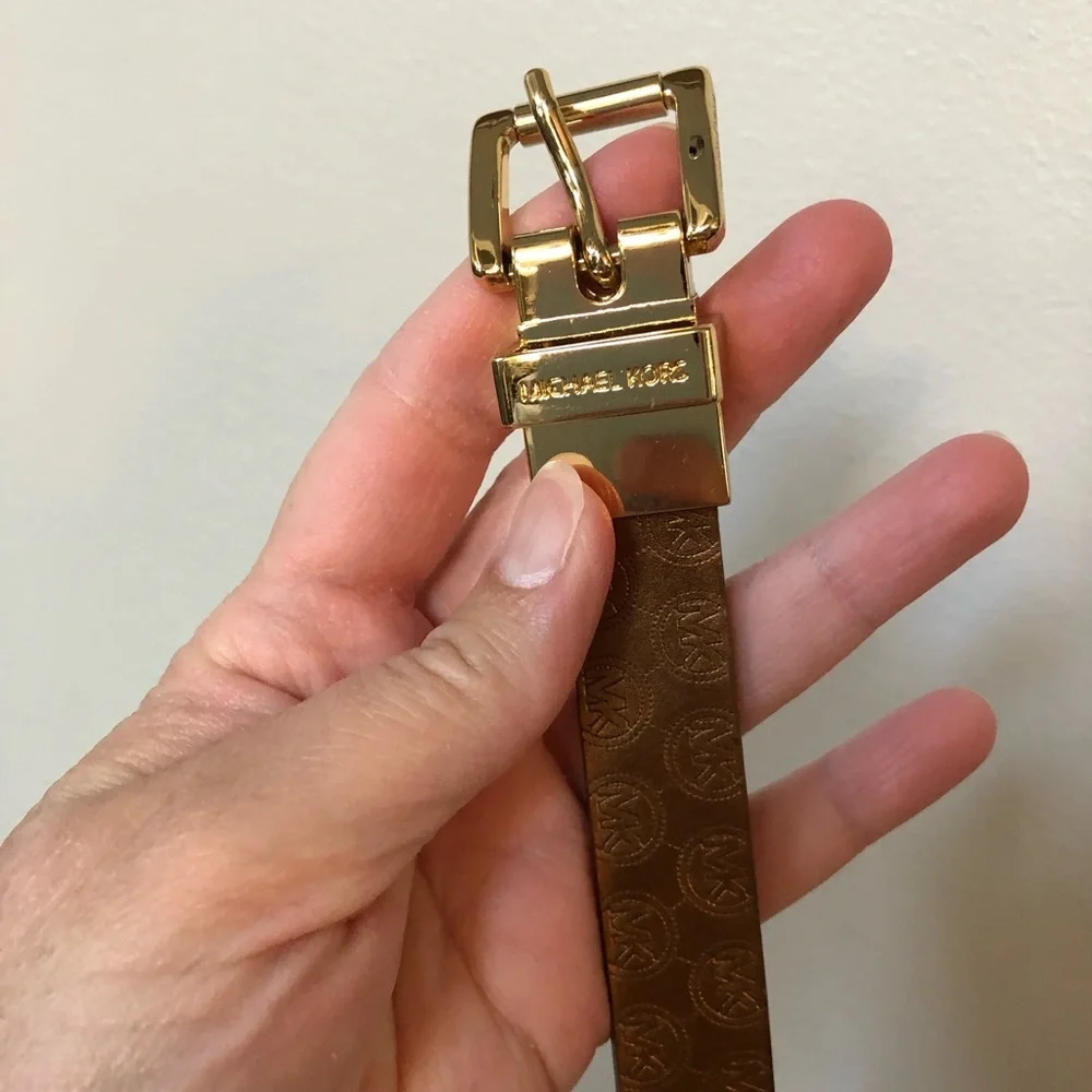 Michael Kors Women’s S Copper Logo/Brown Leather Reversible Gold Buckle 1” Belt
