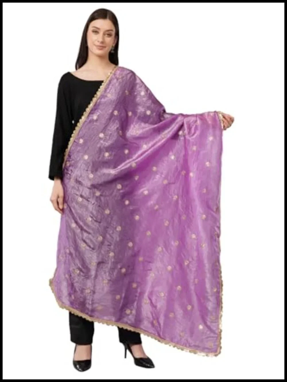 Art Silk Crush Dupatta, Lightweight Shawl Scarf Wrap with Gold Lace