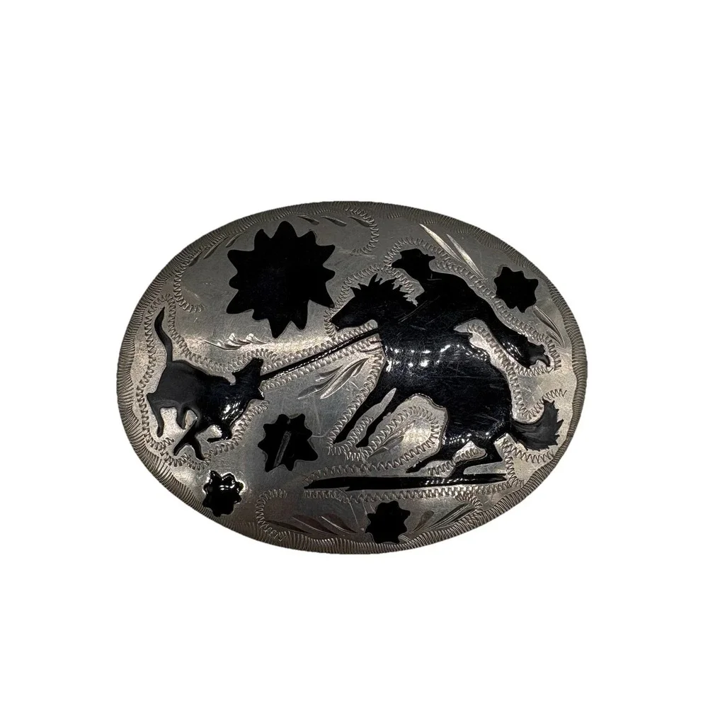 Vintage Handcrafted German Silver Cowboy‎ Roping Steer Inlay Oval Belt Buckle