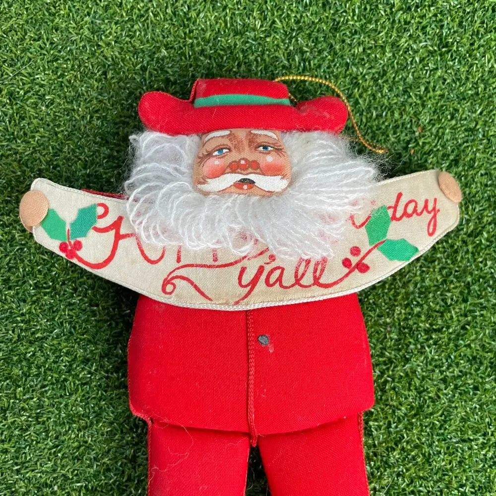 Vintage Midcentury Christmas Hand Painted Santa Ornament Happy Holidays Yall