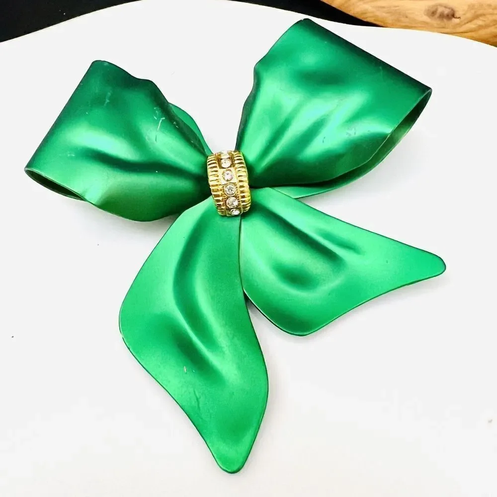 Vintage Green Metalic Satin Bow Ribbon Brooch Crystal Accent Large Matte 1045