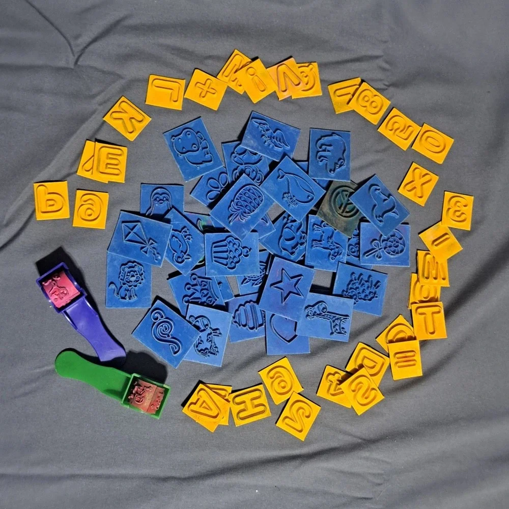 VTG Lot of 60+ Rubber Roller Stamps Letters Numbers‎ Animals Shapes