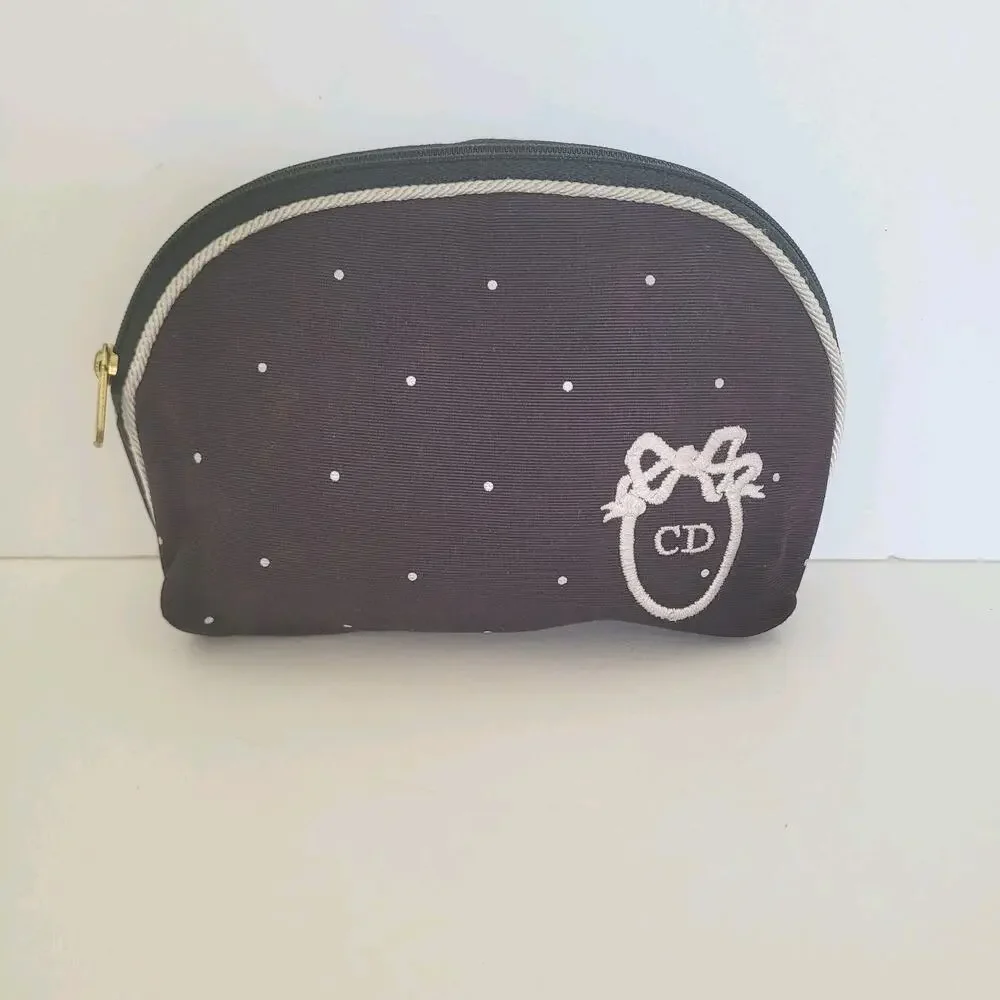 Christian Dior Vintage Black WhiteCosmetic Bag Make Up Zip Pouch Polka Dot Retro