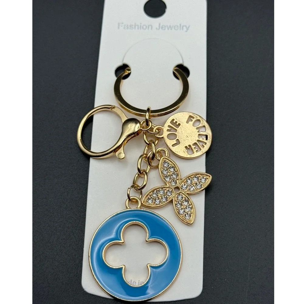 Gold Tone Keychain Blue Clover Charm‎ Love Forever Pendant Fashion Jewelry