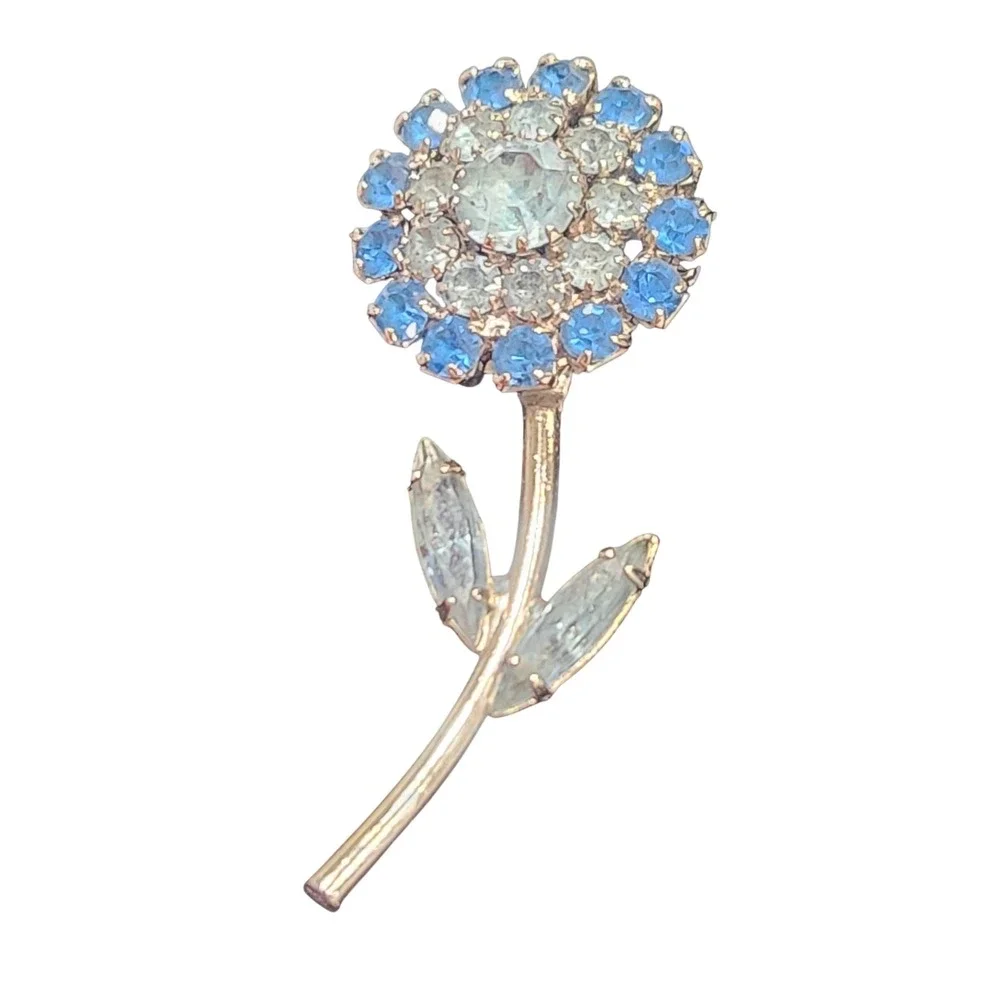 Vintage Blue and Clear Rhinestone Flower Brooch Silver Tone Floral Pin 2.5‎ Inch