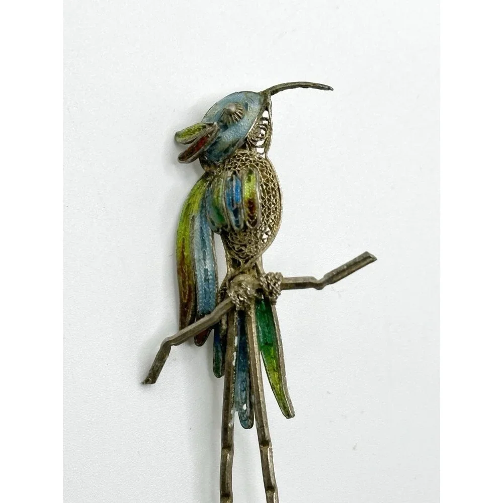 Enameled 800 Silver‎ Filigree Bird Parrot Pin Brooch