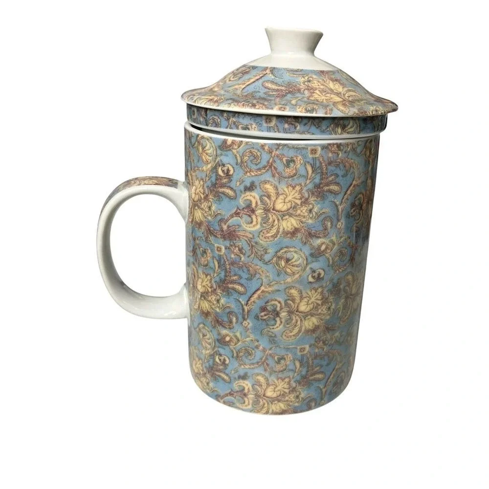 World Market‎ Blue Floral Ceramic Tea Mug Infuser Lid Dishwasher Safe