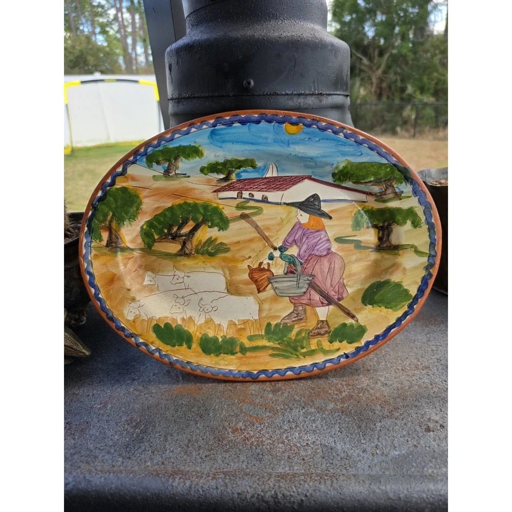 VTG Ovaria Ovar Portugal Hand Painted Pottery Platter‎ Farmer Scene 13x10 Oval