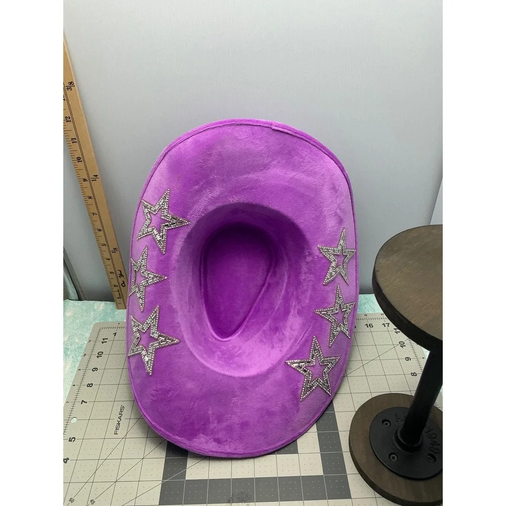 Purple Fuzzy Velvet Cowboy Hat Rhinestone Heart Star Embellished‎ Western Glam