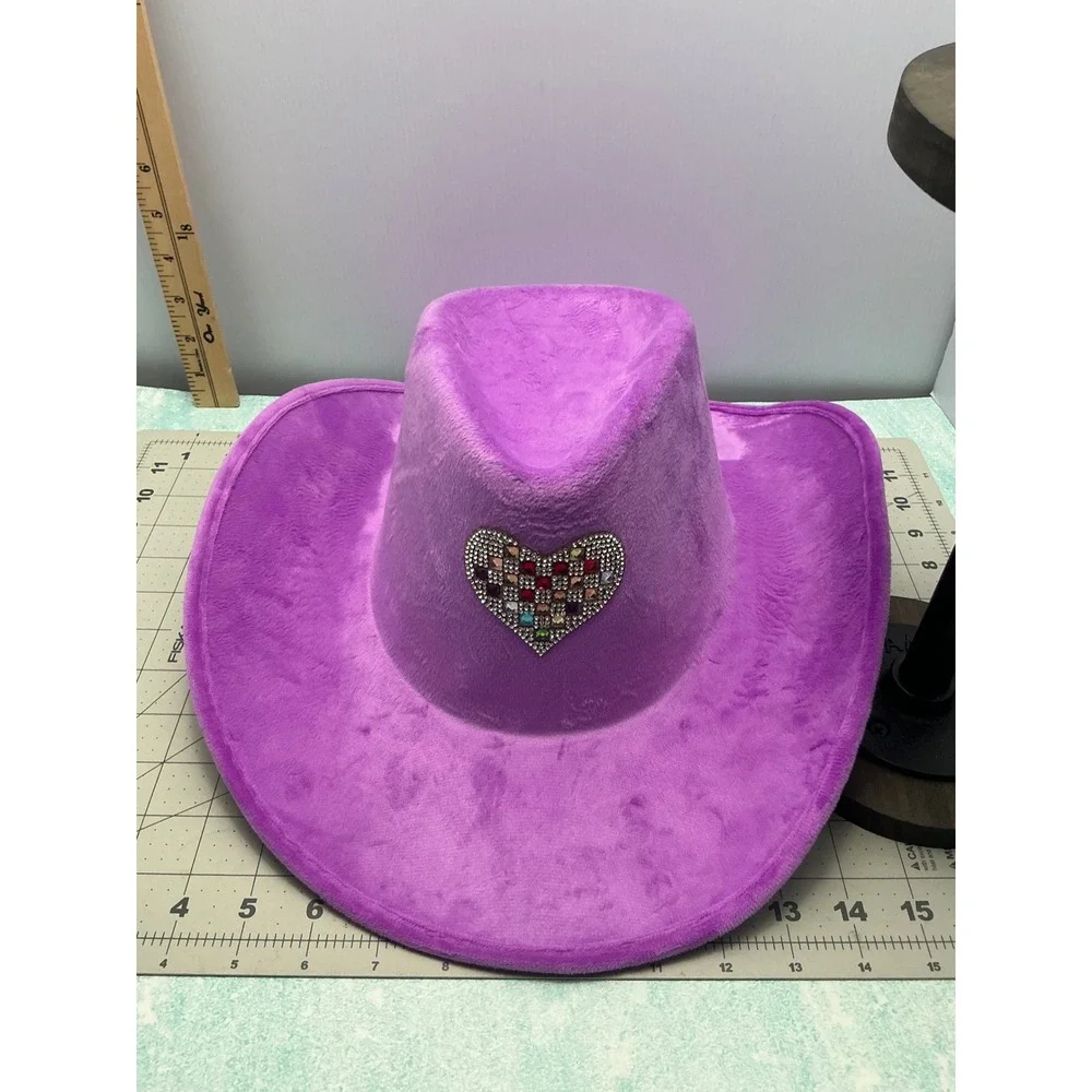 Purple Fuzzy Velvet Cowboy Hat Rhinestone Heart Star Embellished‎ Western Glam