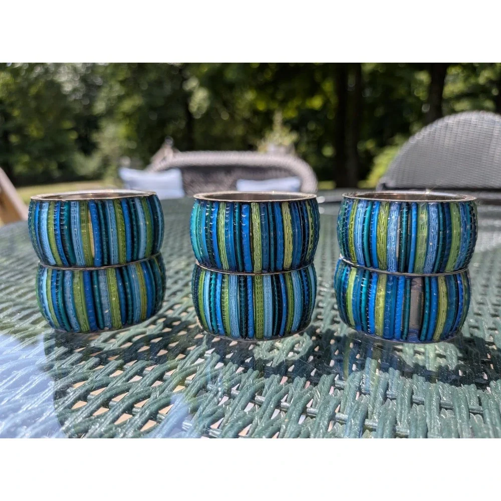 Crate & Barrel Cool Hues Blue/Green Striped Metal Napkin Rings Set of 6