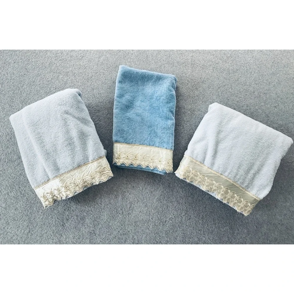 Vintage 3‎ pc Marlborough Blue Bath & Hand Towel Lace Cottagecore Shabby Chic