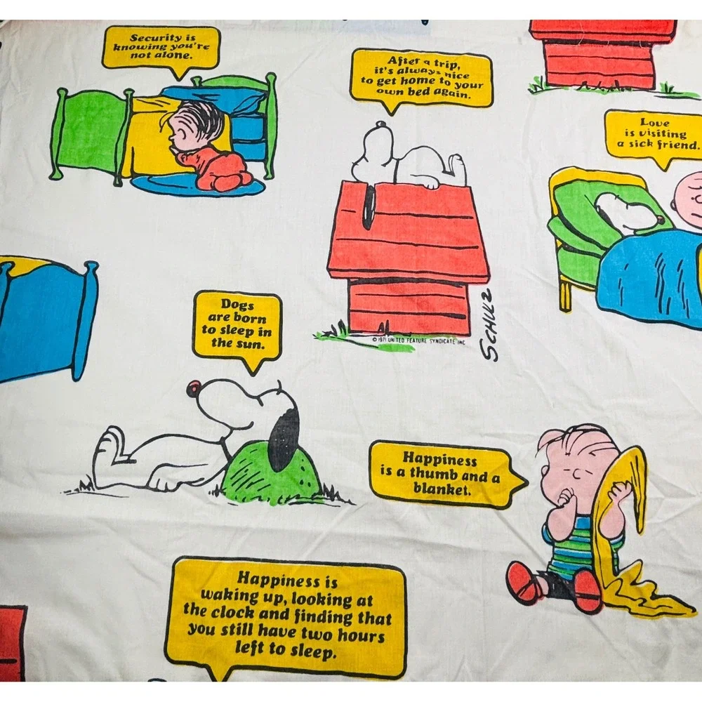 Vintage Peanuts Sleeping Quotes Twin Flat Sheet JCPenney 1971 Snoopy Charlie‎