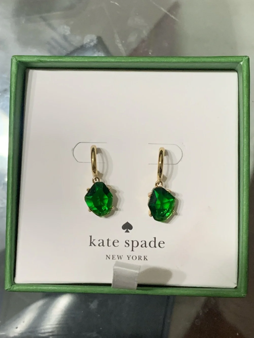 Kate Spade Gold-Tone Earrings with Emerald Green Drops. New in box.