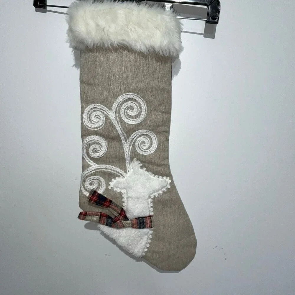 Ridgefield Home Beige White Reindeer Faux Fur Trim Holiday Christmas Stocking