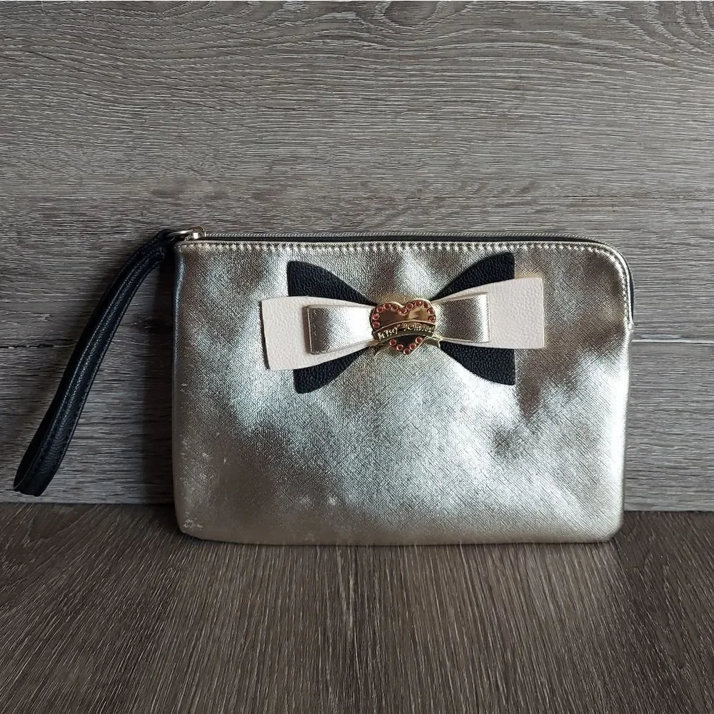 NEW BETSEY JOHNSON Saffiano Metallic Wristlet Bag Pouch Gold