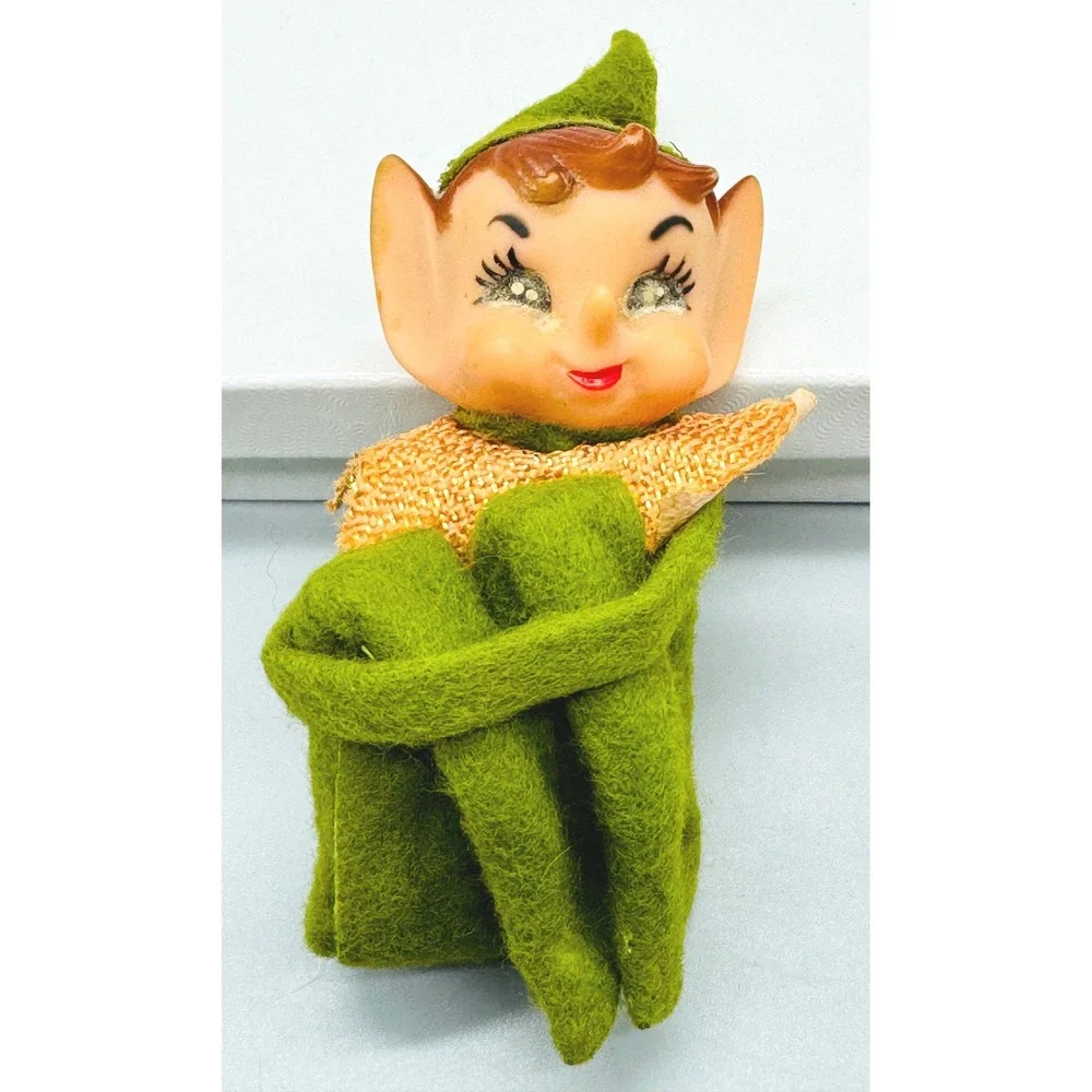 Vintage Knee Hugger Elf Christmas Ornament Green Felt Gold Collar‎ Rubber Face