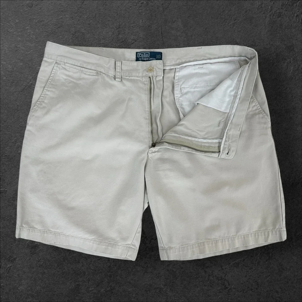 Polo‎ Ralph Lauren Chino Shorts Mens 42 x 9 Tan Khaki Flat Front Cotton Logo