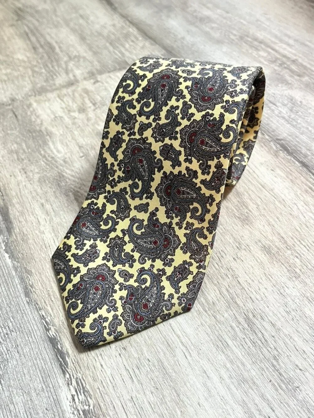 Liberty of London Vintage 100% Silk Tie, Pale Yellow + Gray Paisley