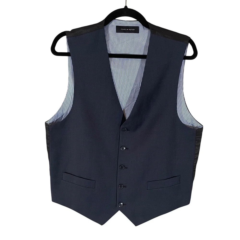 Tommy‎ Hilfiger Mens Navy Blue 100% Worsted Wool 5-Button Suit Vest Waistcoat M