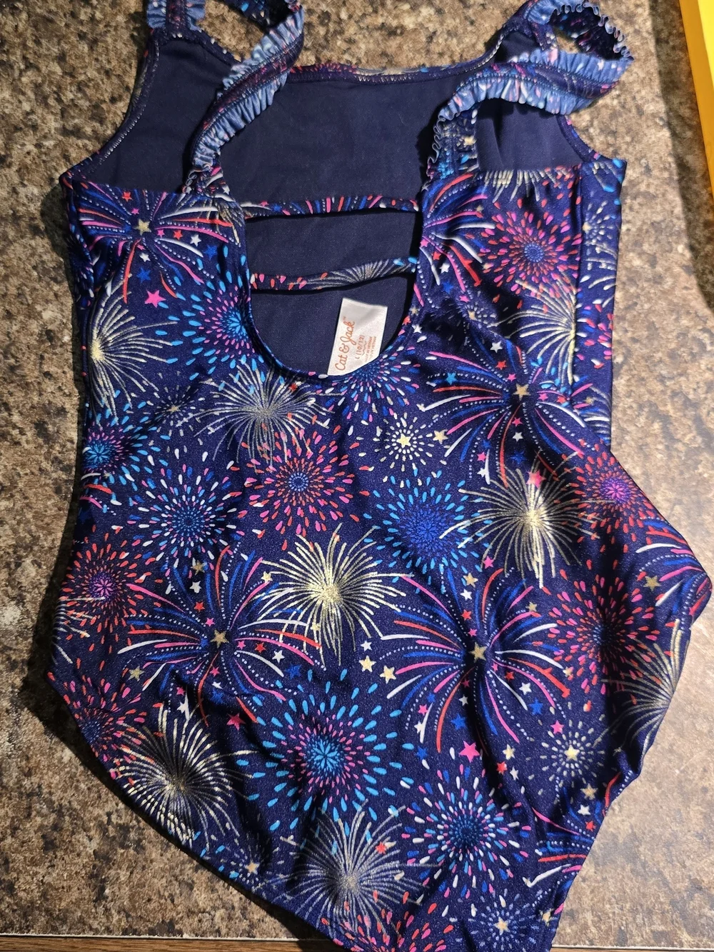 Cat & Jack Navy Girls' Firework-Print Ruffle One-Piece Swimsuit Size 10/12