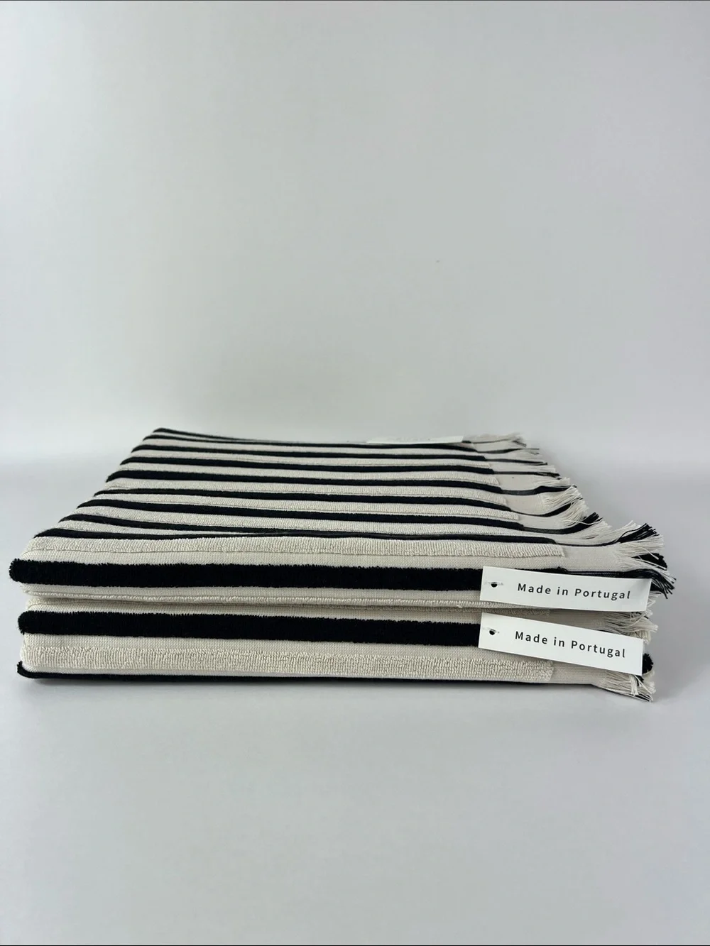 Bianca Bath Towel Set Striped Black & Cream with Fringe Made in Portugal 2pc NEW
