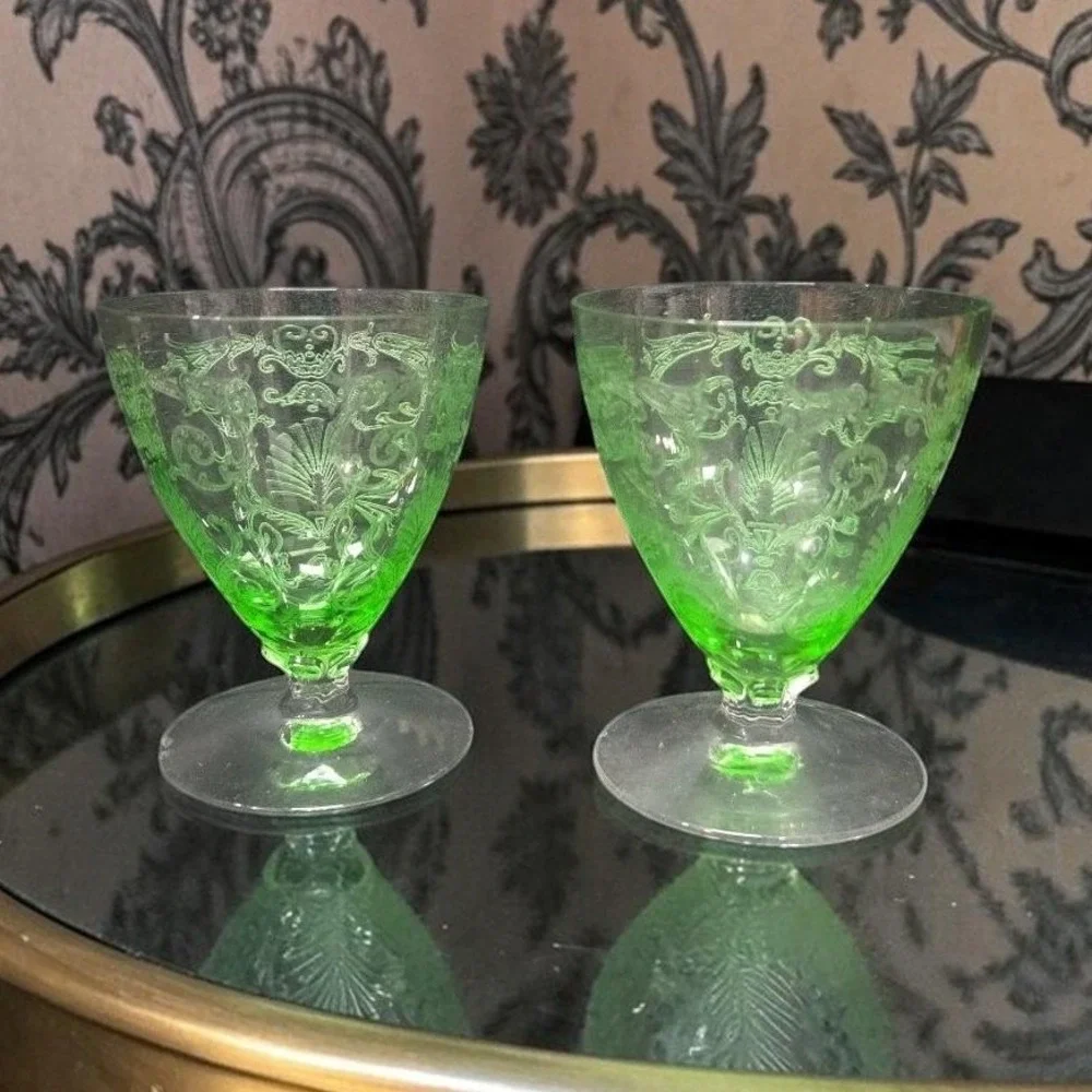 Fostoria Versailles Etched‎ Cocktail Glasses, Set of 2, Vtg Footed Uranium Glass