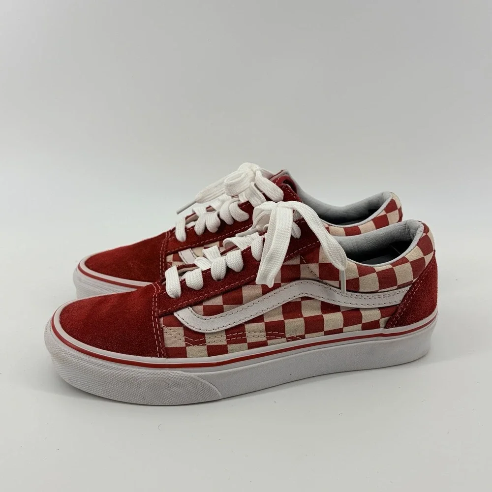 VANS OLD SKOOL CHECKERBOARD M 5.5/W 7 SUEDE‎ SKATEBOARD SHOES RED WHITE