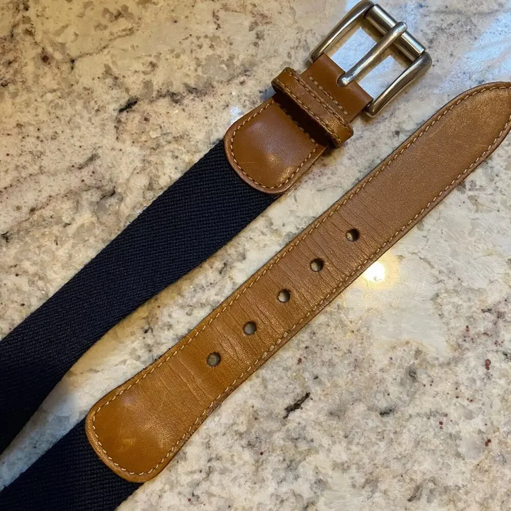 LL Bean $69 Leather Stretch Canvas Silver Mens Preppy Belt Fits XL 48”-51” EUC