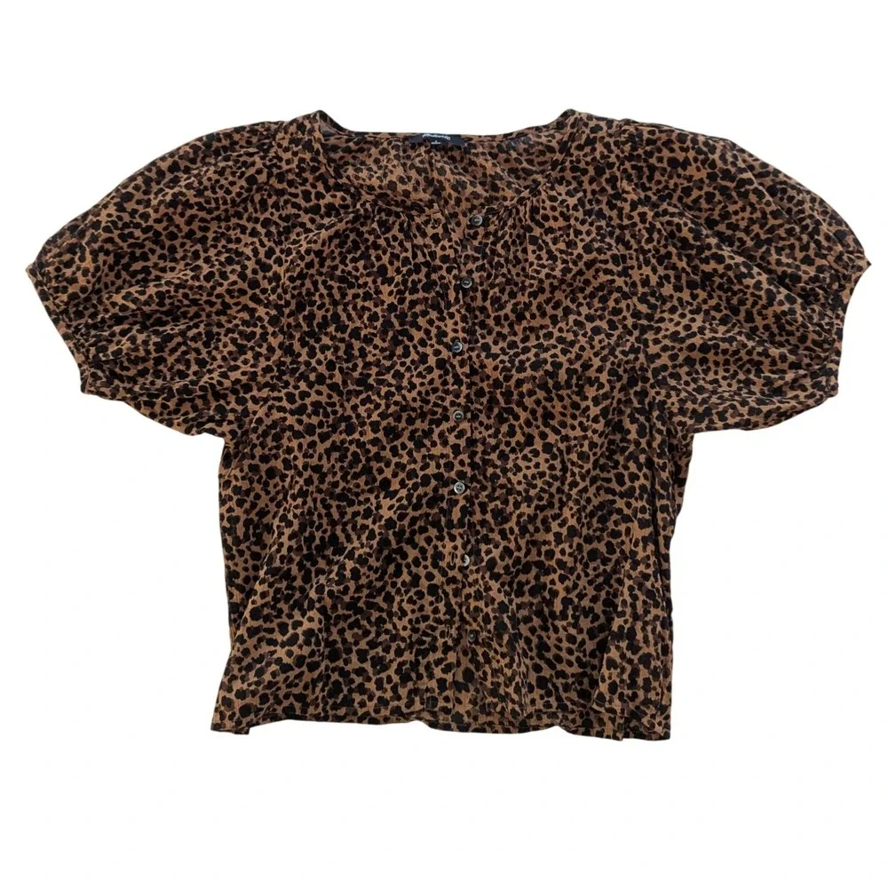 Madewell Blouse Women‎ S Brown Leopard Print Puff Sleeve Button Front Cotton Top