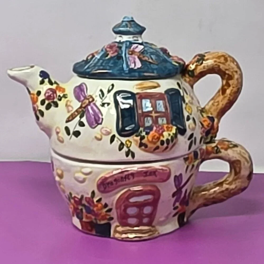 vintage Hand-Painted Ceramic Cottage Style Dragonfly Teapot &‎ Cup Set With Lid
