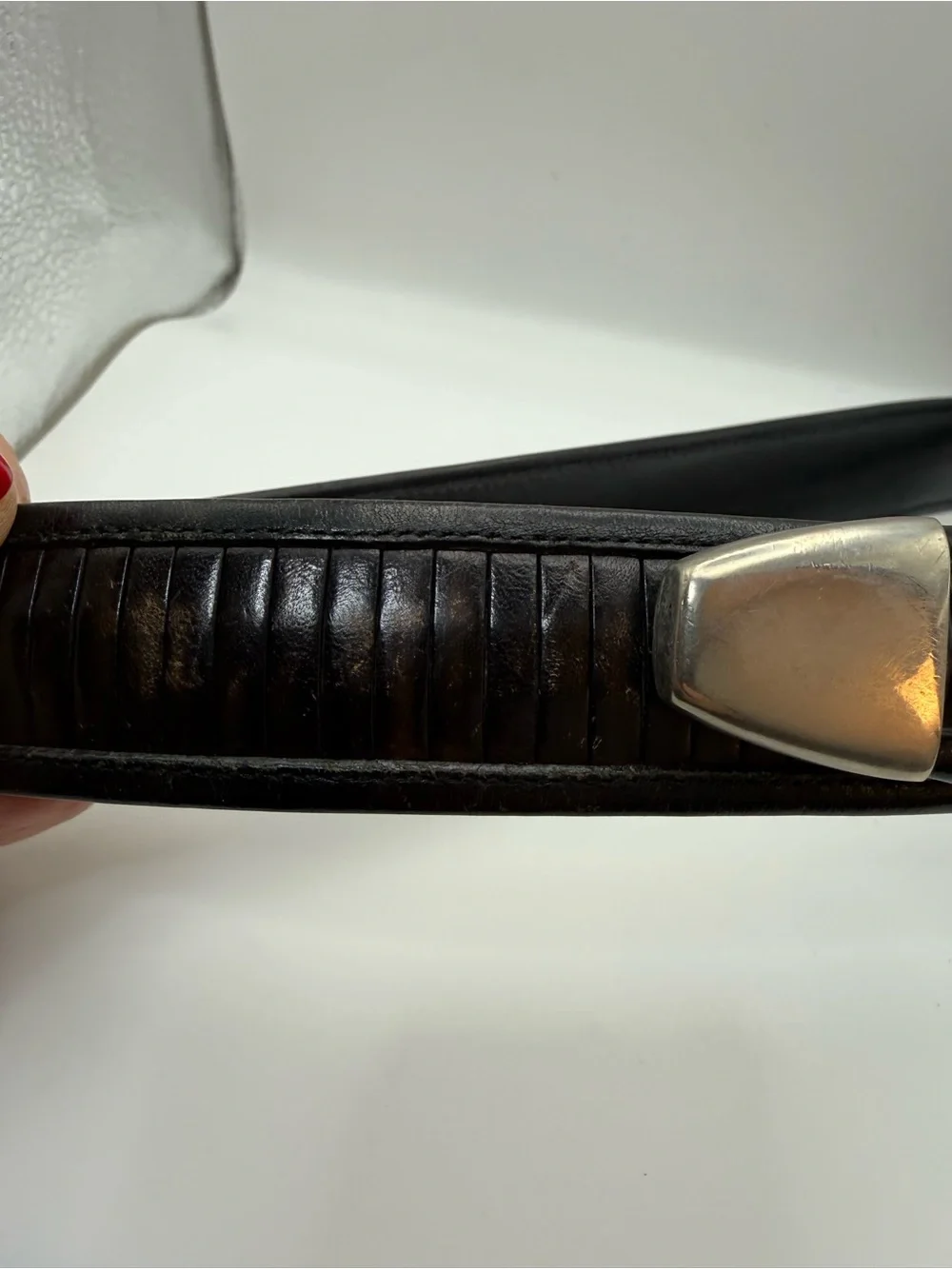 Barneys New York Black Brown Leather Belt Men’s 32 Textured Inlay Silver Buckle