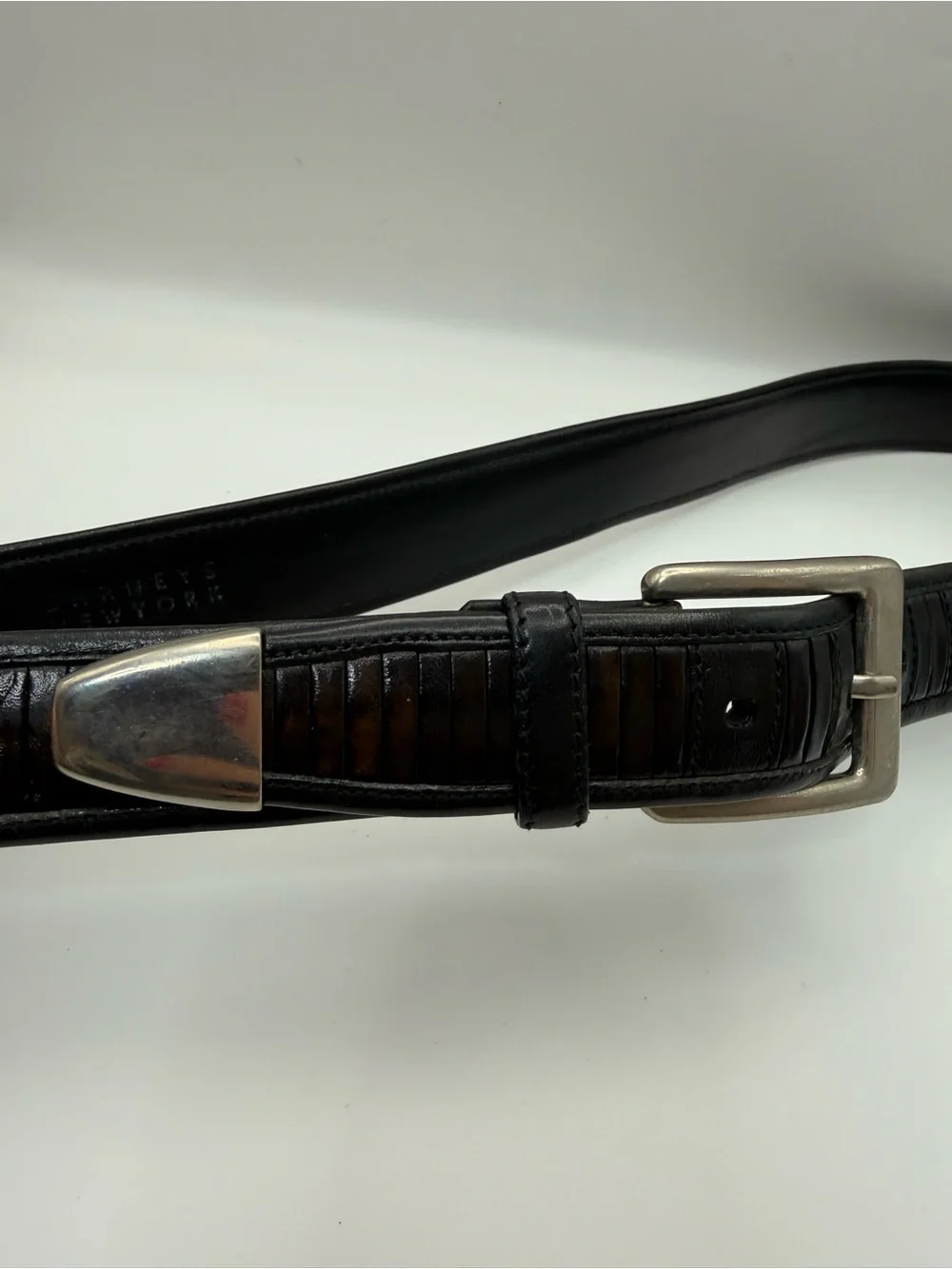 Barneys New York Black Brown Leather Belt Men’s 32 Textured Inlay Silver Buckle