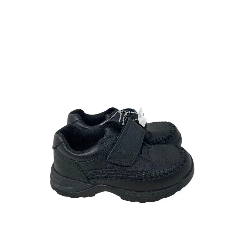 Clarks Caribou Sneakers Kids Size 9 9.5 Wide Black Leather Hook Loop Closure